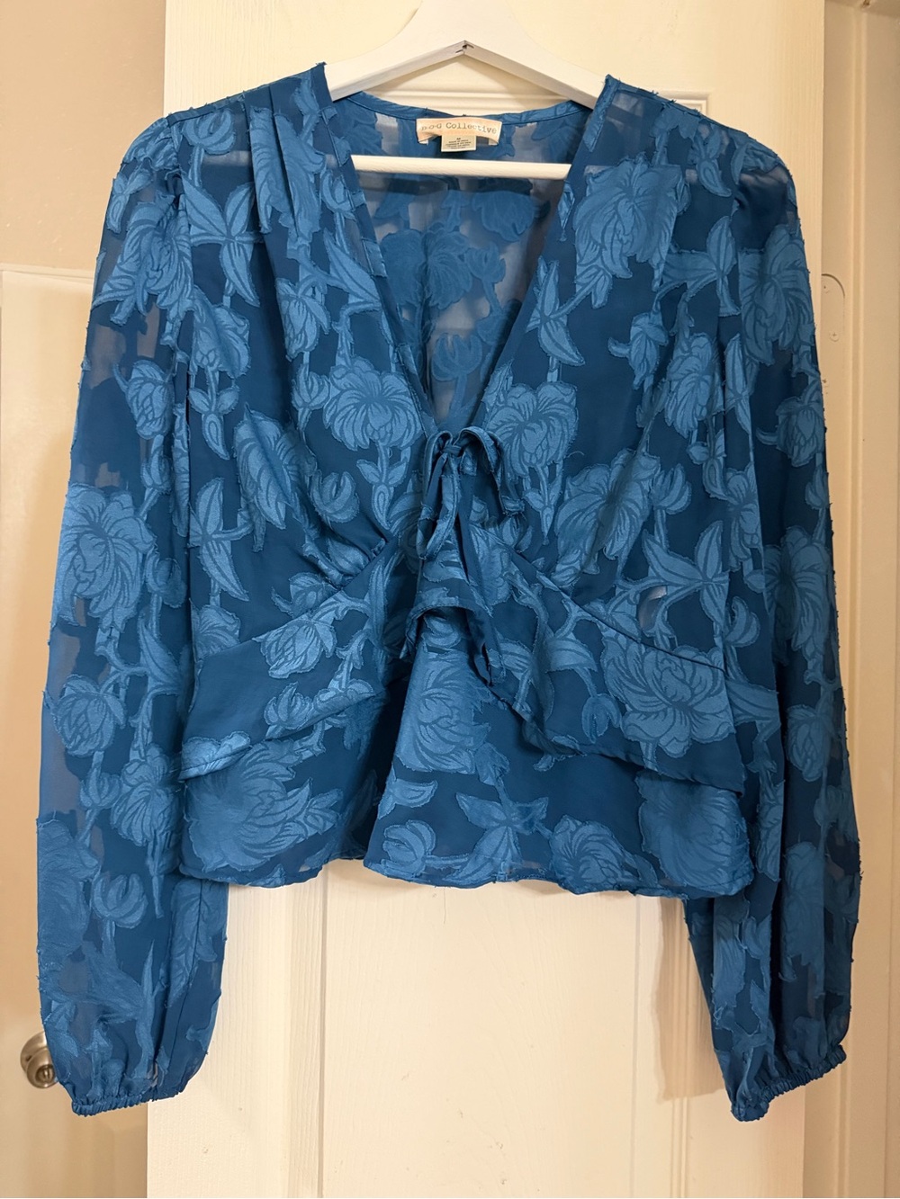 Textured Floral Tie-Front Blouse — Blue